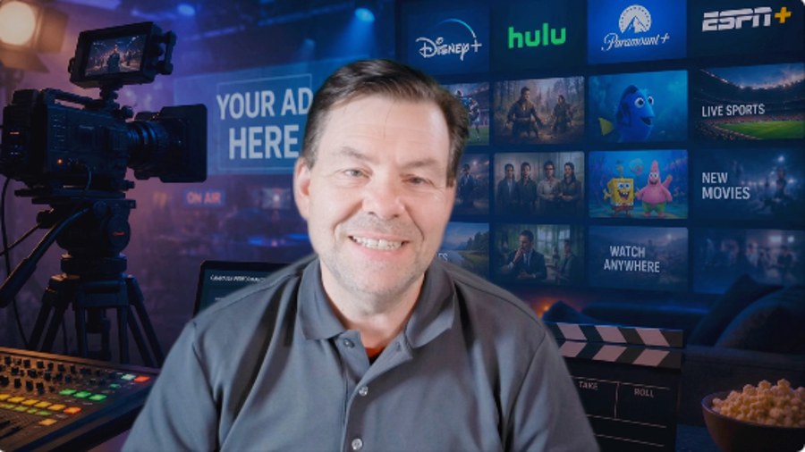 Creator recording a video in front of a streaming-TV backdrop
